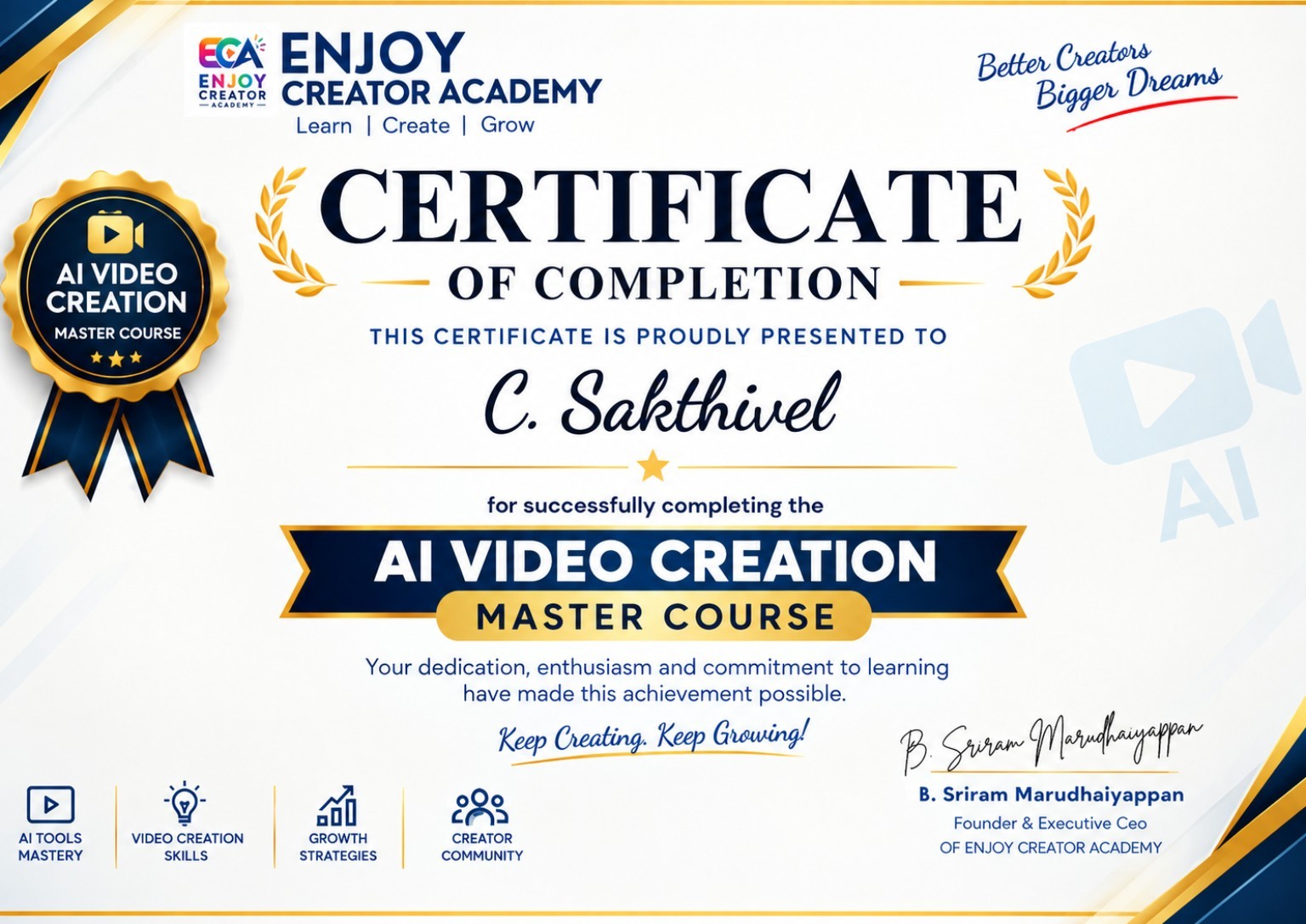 ENJOY CREATOR ACADEMY certificate example 2